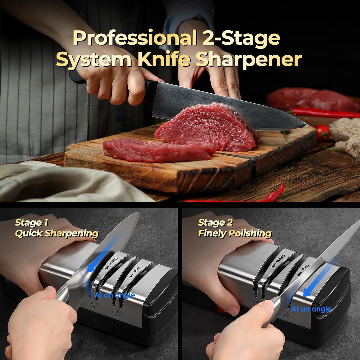Knife Sharpener, Protable Diamond Electric Knife Sharpener for Stainless Steel and Ceramic Knives, with Scissors Sharpener & Metal Dust Collection Box, Quick Sharpening & Polishing, Silver