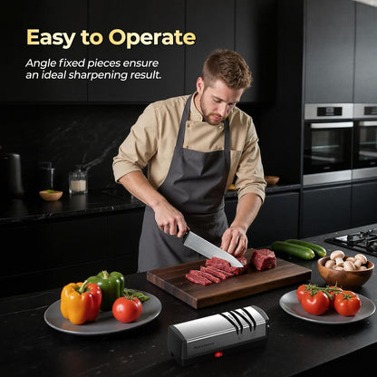 Knife Sharpener, Protable Diamond Electric Knife Sharpener for Stainless Steel and Ceramic Knives, with Scissors Sharpener & Metal Dust Collection Box, Quick Sharpening & Polishing, Silver