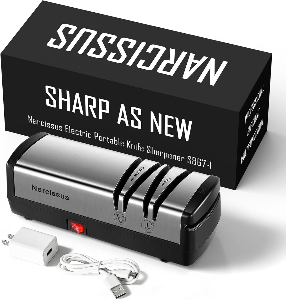 Knife Sharpener, Protable Diamond Electric Knife Sharpener for Stainless Steel and Ceramic Knives, with Scissors Sharpener & Metal Dust Collection Box, Quick Sharpening & Polishing, Silver