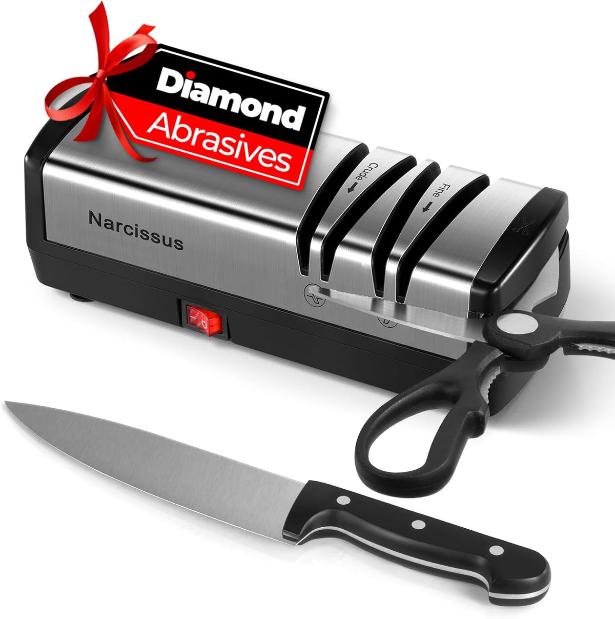 Knife Sharpener, Protable Diamond Electric Knife Sharpener for Stainless Steel and Ceramic Knives, with Scissors Sharpener & Metal Dust Collection Box, Quick Sharpening & Polishing, Silver
