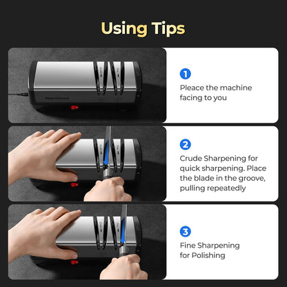 Knife Sharpener, Protable Diamond Electric Knife Sharpener for Stainless Steel and Ceramic Knives, with Scissors Sharpener & Metal Dust Collection Box, Quick Sharpening & Polishing, Silver