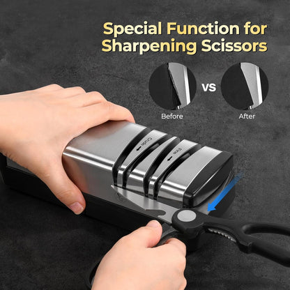 Knife Sharpener, Protable Diamond Electric Knife Sharpener for Stainless Steel and Ceramic Knives, with Scissors Sharpener & Metal Dust Collection Box, Quick Sharpening & Polishing, Silver