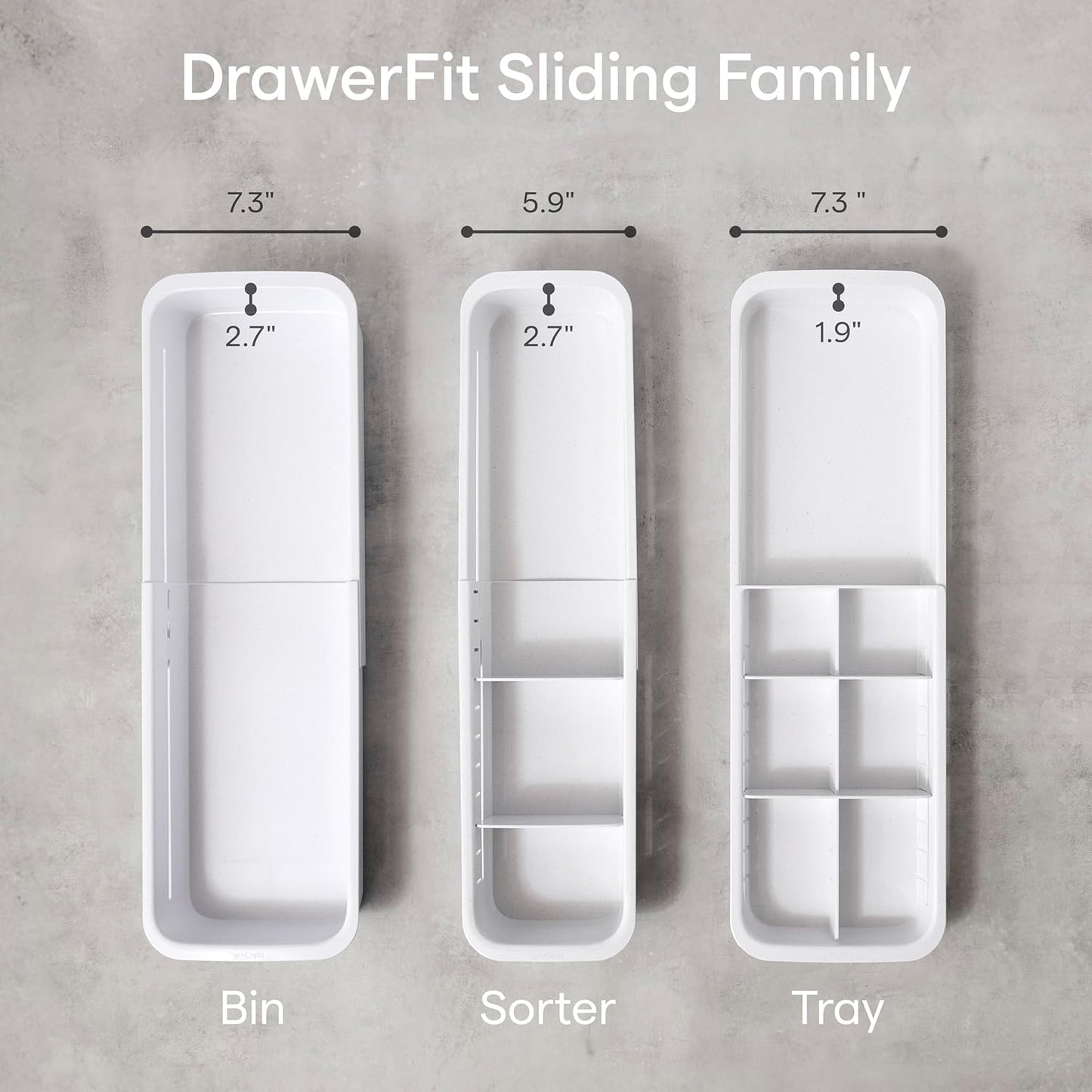 DrawerFit® Sliding Drawer Bin, Expandable and Adjustable Kitchen Storage Organizer, Speckled White