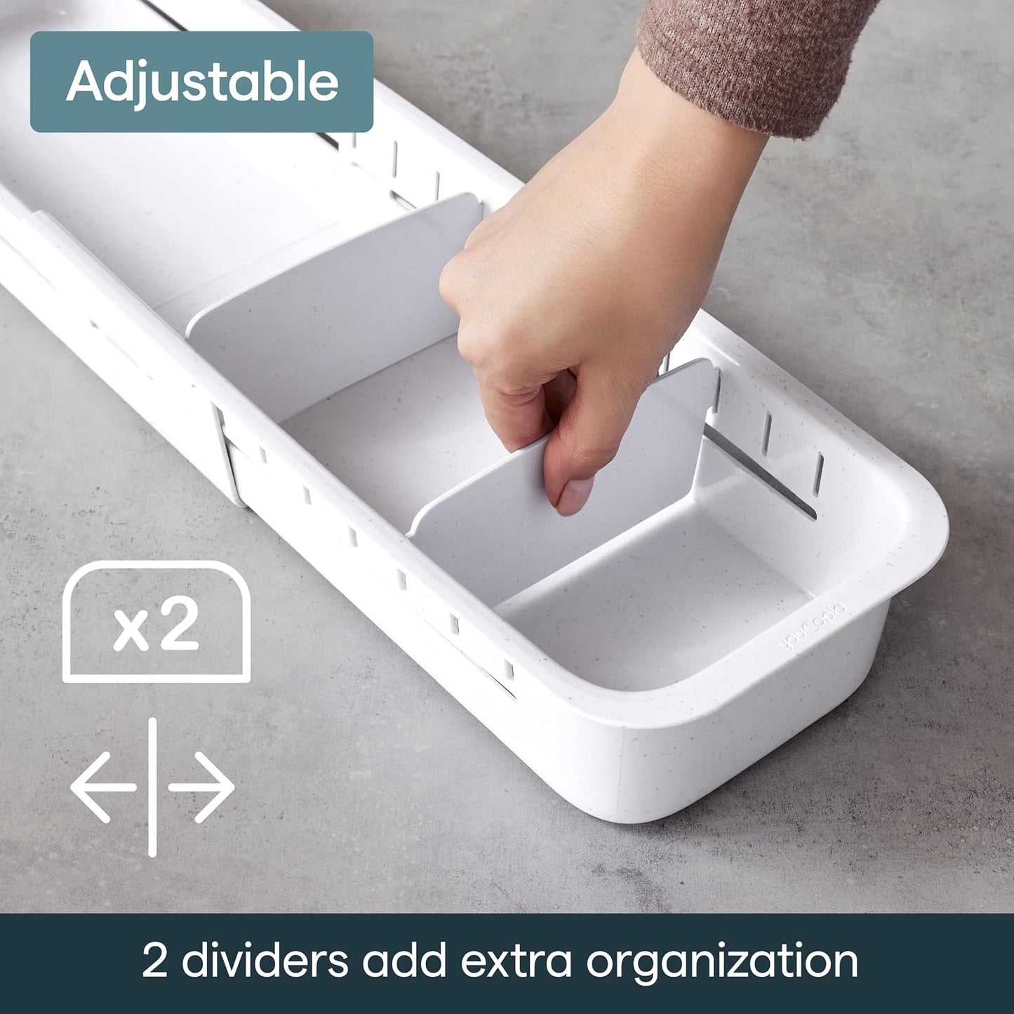 DrawerFit® Sliding Drawer Bin, Expandable and Adjustable Kitchen Storage Organizer, Speckled White