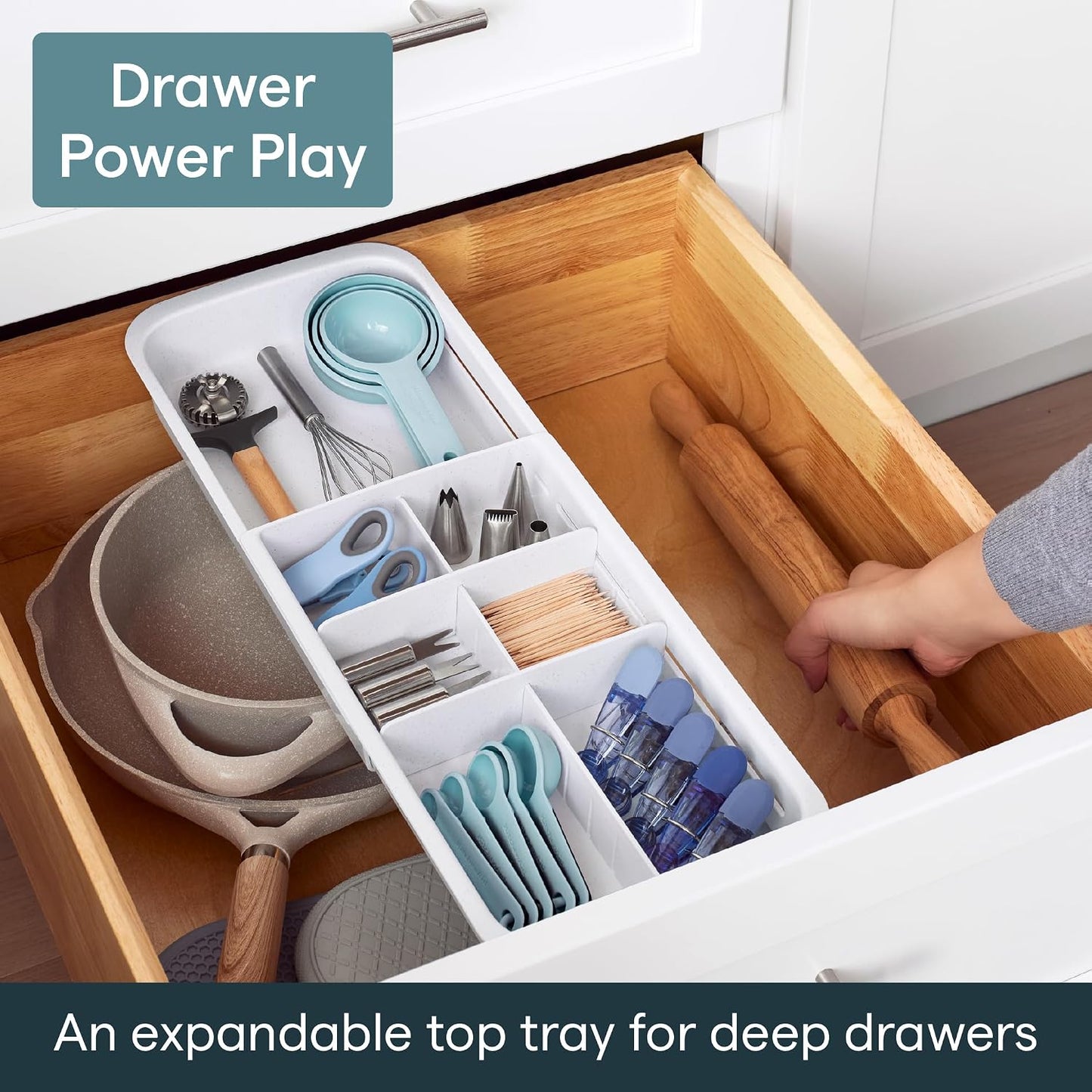 DrawerFit® Sliding Drawer Bin, Expandable and Adjustable Kitchen Storage Organizer, Speckled White