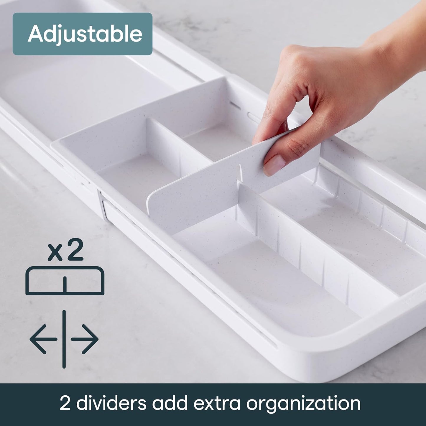 DrawerFit® Sliding Drawer Bin, Expandable and Adjustable Kitchen Storage Organizer, Speckled White