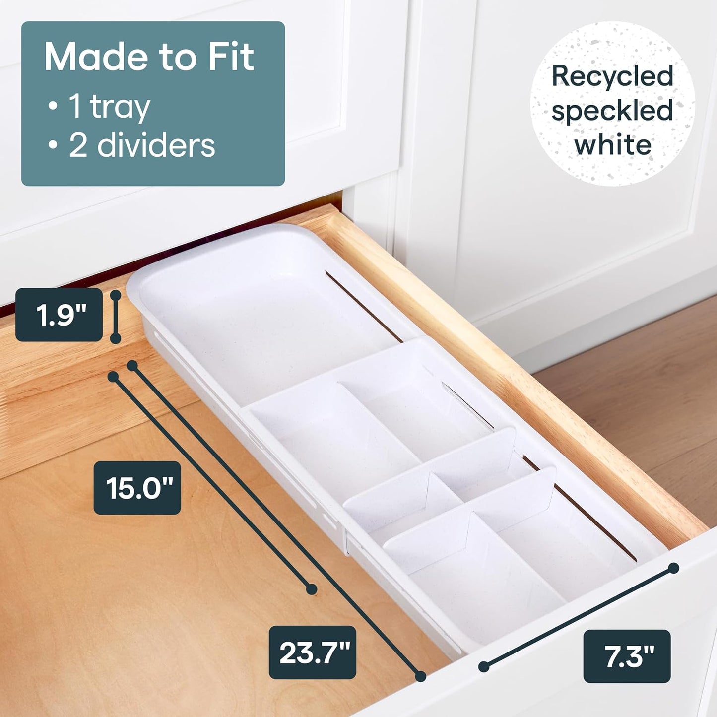 DrawerFit® Sliding Drawer Bin, Expandable and Adjustable Kitchen Storage Organizer, Speckled White