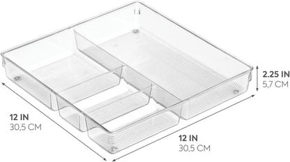 Linus Kitchen Drawer Organizer for Silverware, Spatulas, Gadgets - 12" x 12" x 2", Clear