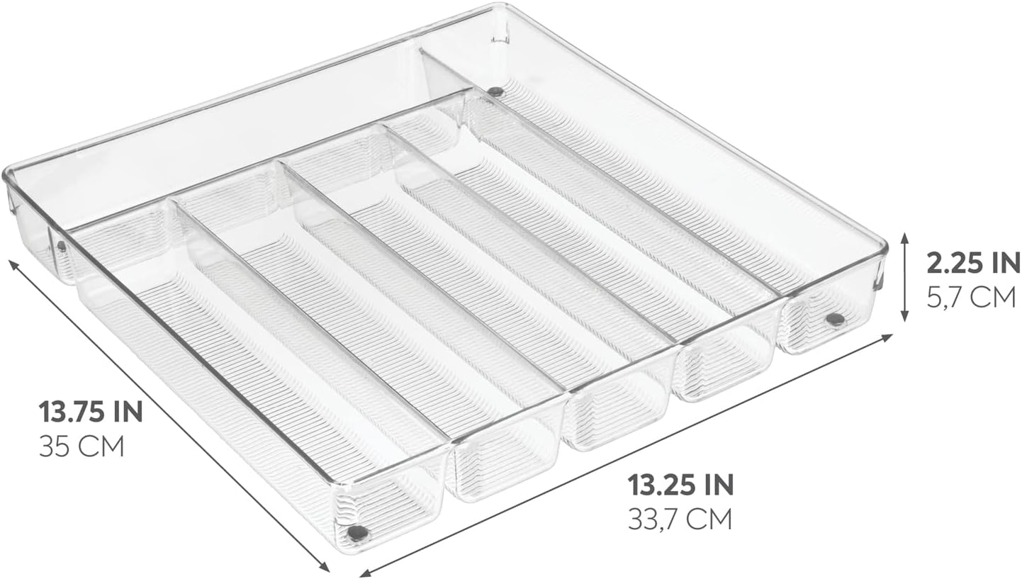 Linus Kitchen Drawer Organizer for Silverware, Spatulas, Gadgets - 12" x 12" x 2", Clear