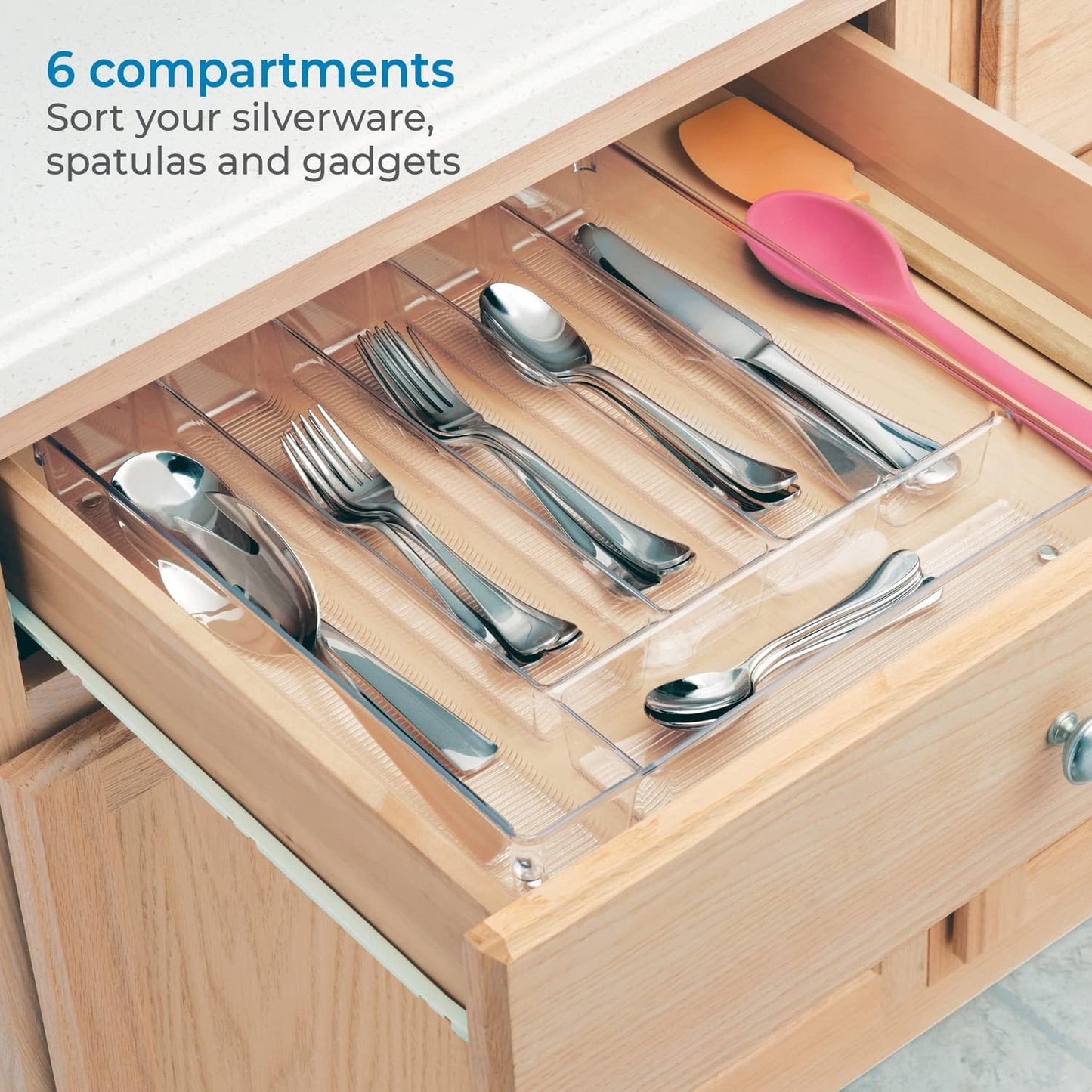 Linus Kitchen Drawer Organizer for Silverware, Spatulas, Gadgets - 12" x 12" x 2", Clear