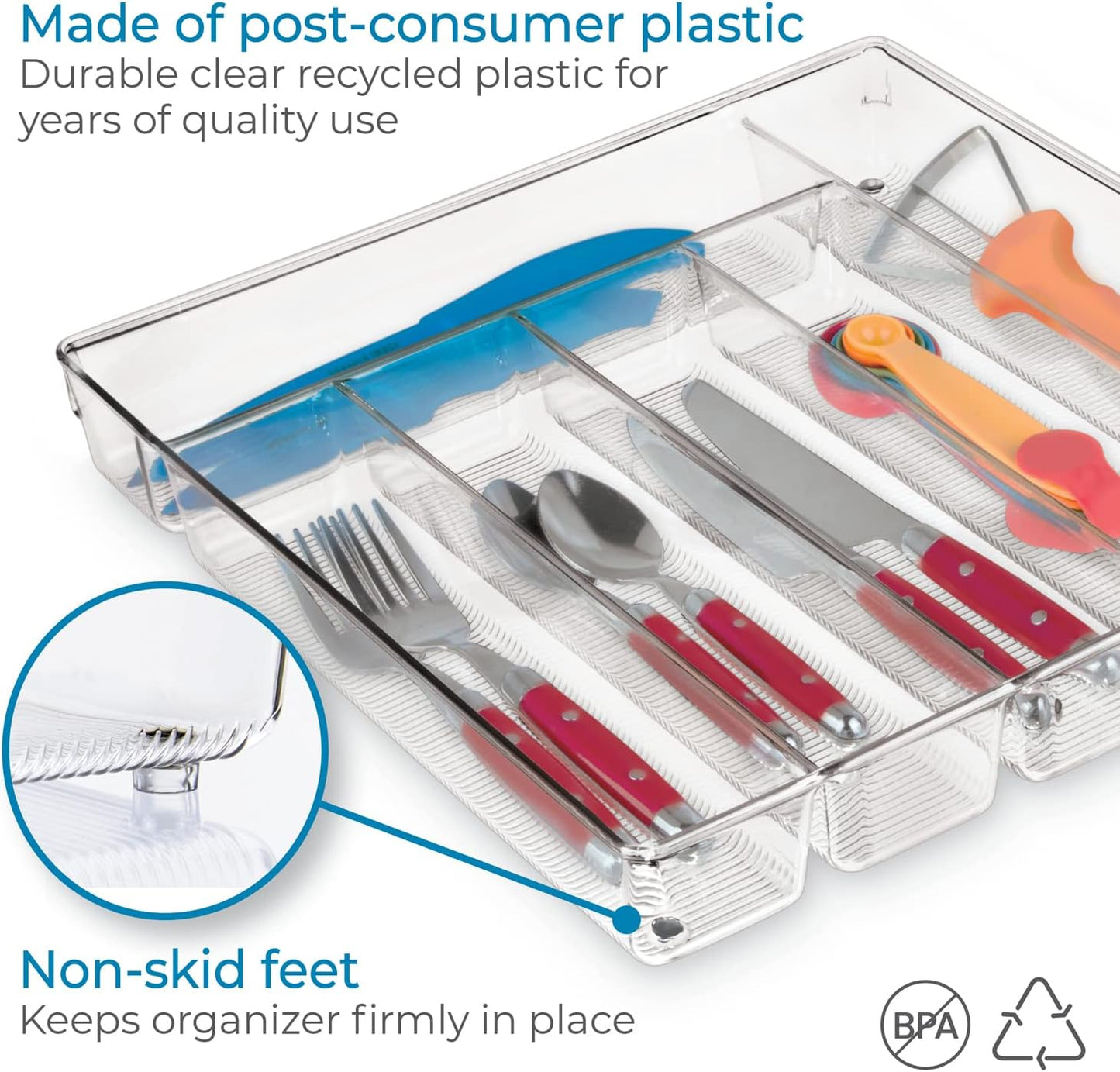 Linus Kitchen Drawer Organizer for Silverware, Spatulas, Gadgets - 12" x 12" x 2", Clear