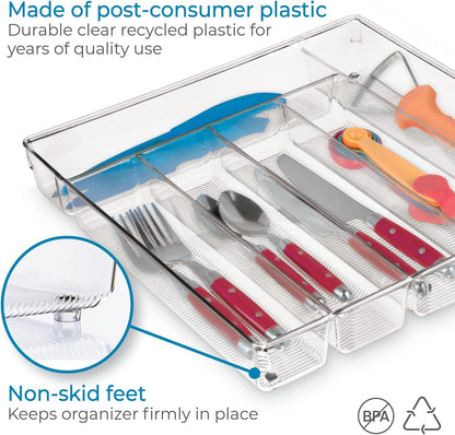 Linus Kitchen Drawer Organizer for Silverware, Spatulas, Gadgets - 12" x 12" x 2", Clear