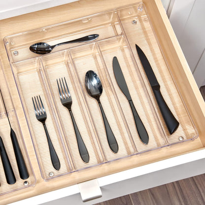 Linus Kitchen Drawer Organizer for Silverware, Spatulas, Gadgets - 12" x 12" x 2", Clear