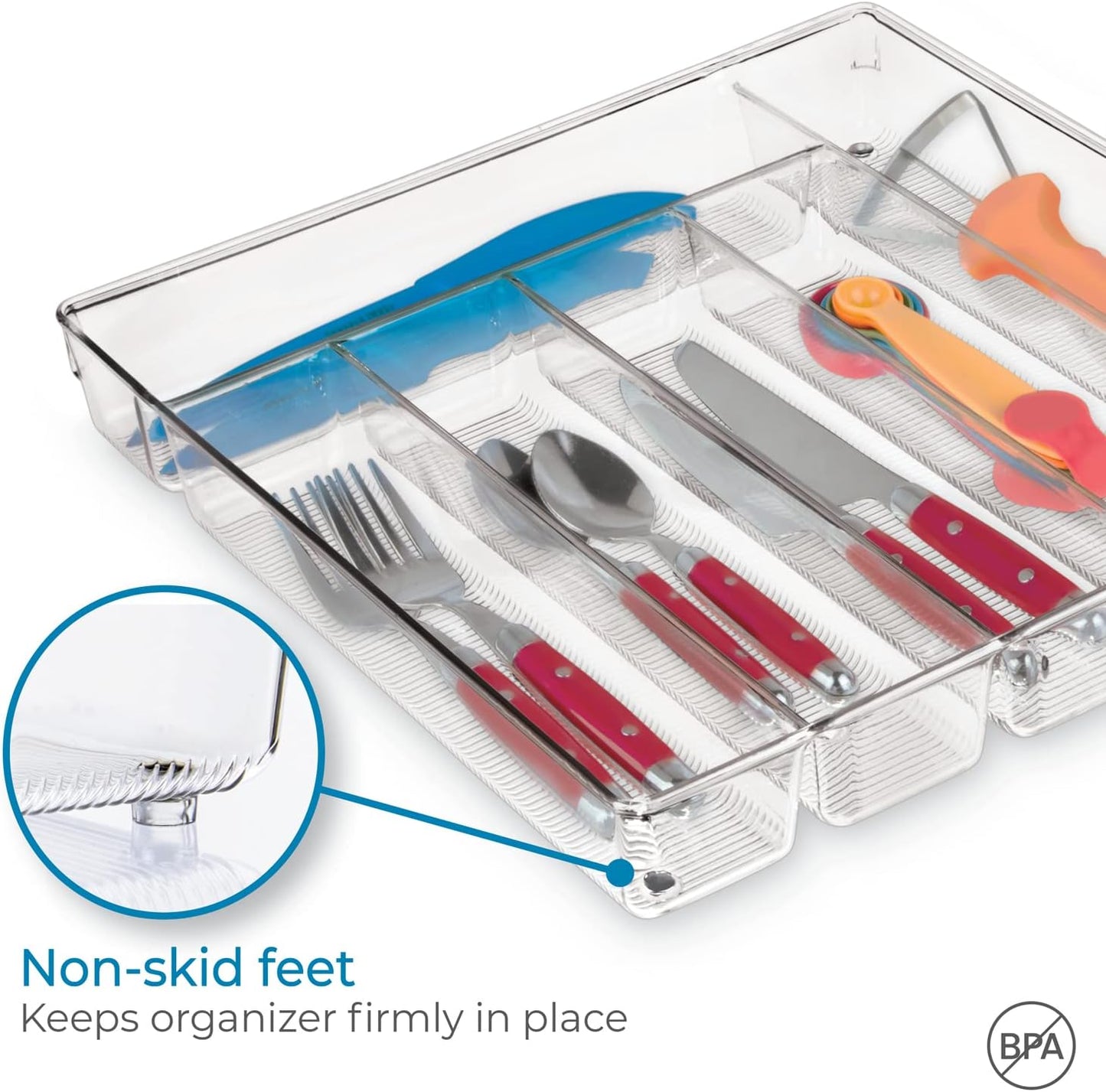 Linus Kitchen Drawer Organizer for Silverware, Spatulas, Gadgets - 12" x 12" x 2", Clear