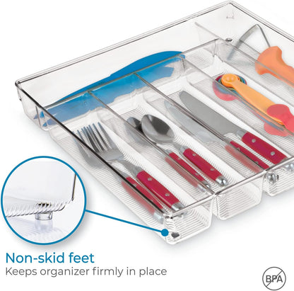 Linus Kitchen Drawer Organizer for Silverware, Spatulas, Gadgets - 12" x 12" x 2", Clear