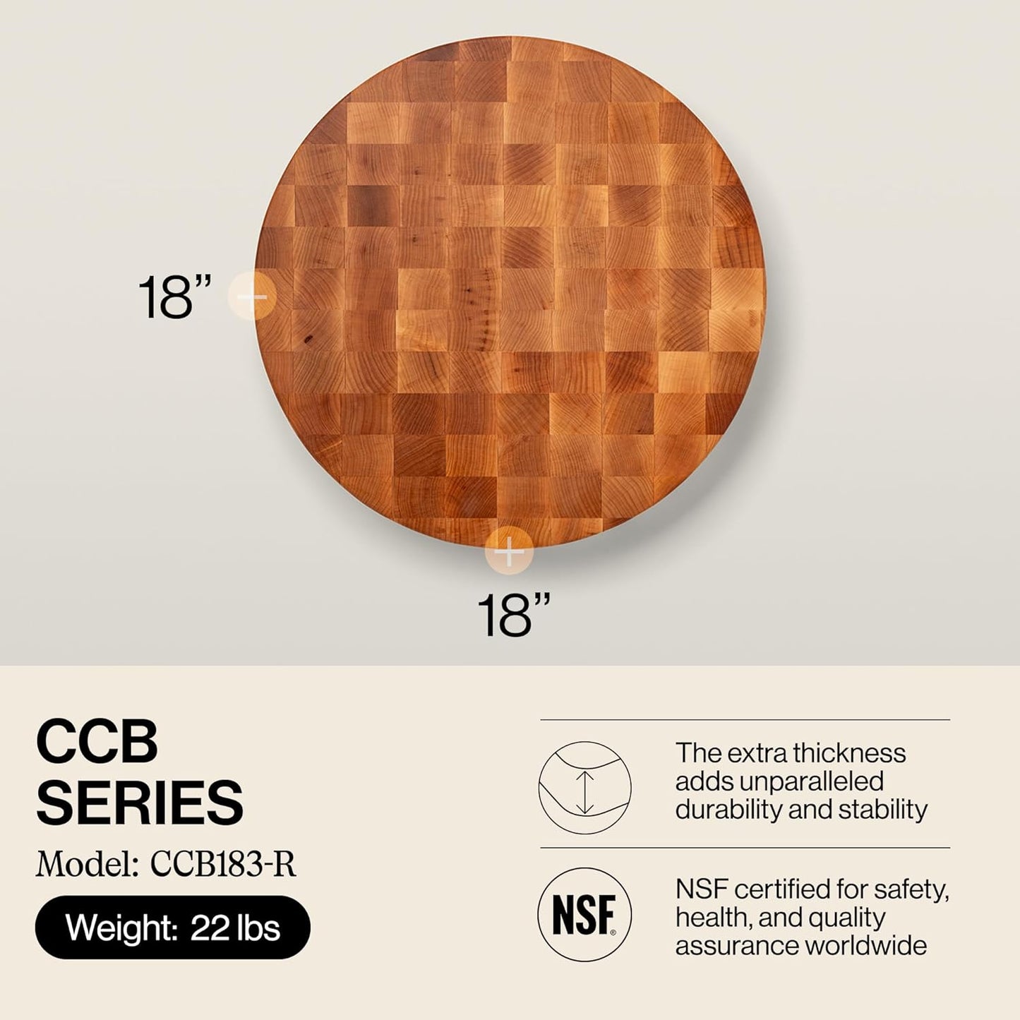 CCB Series Round Wooden Maple Cutting Board 18”x18” – 3” Thick, 22-lb Non-Reversible Butcher Block with End-Grain – Made in the USA