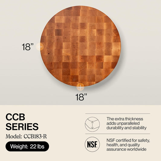 CCB Series Round Wooden Maple Cutting Board 18”x18” – 3” Thick, 22-lb Non-Reversible Butcher Block with End-Grain – Made in the USA