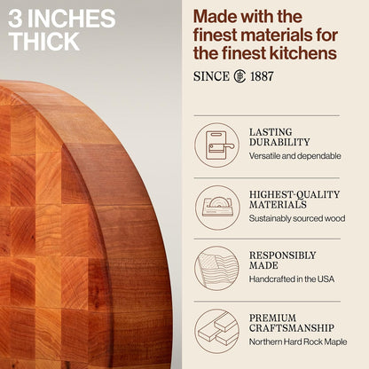 CCB Series Round Wooden Maple Cutting Board 18”x18” – 3” Thick, 22-lb Non-Reversible Butcher Block with End-Grain – Made in the USA