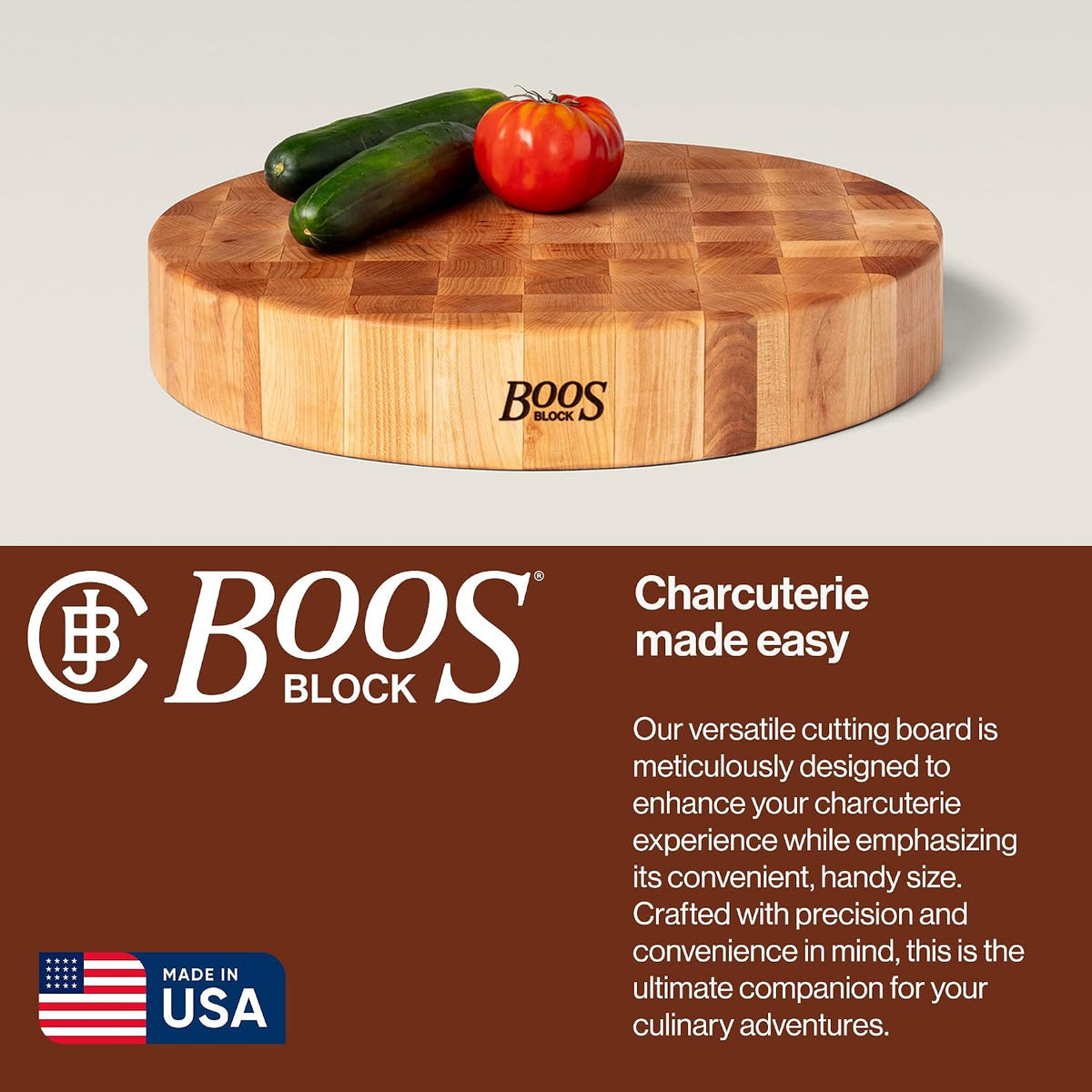 CCB Series Round Wooden Maple Cutting Board 18”x18” – 3” Thick, 22-lb Non-Reversible Butcher Block with End-Grain – Made in the USA