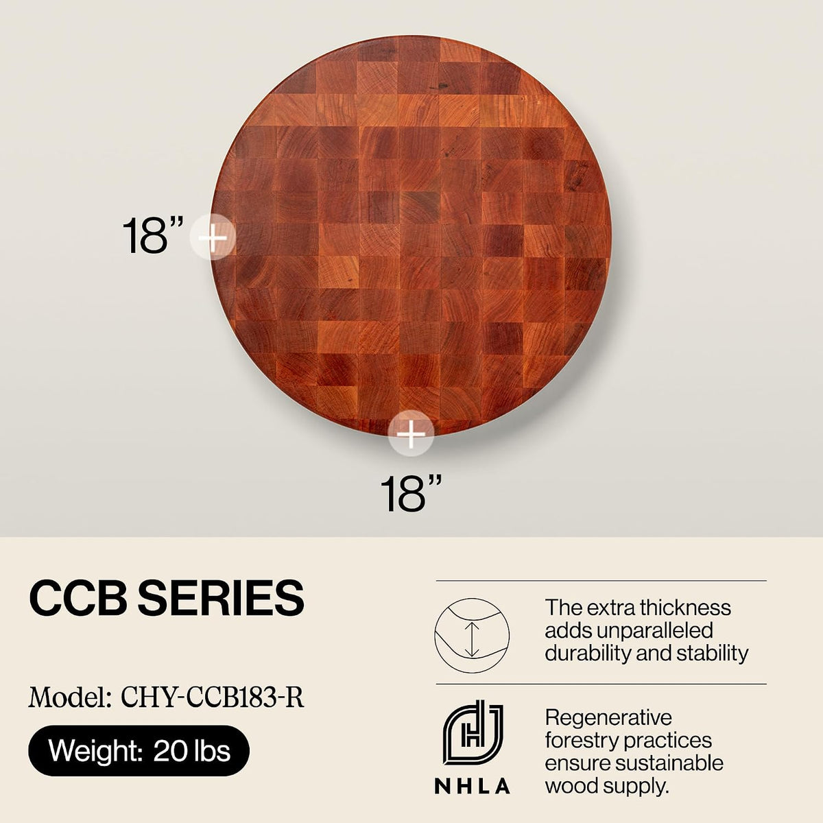 CCB Series Round Wooden Maple Cutting Board 18”x18” – 3” Thick, 22-lb Non-Reversible Butcher Block with End-Grain – Made in the USA