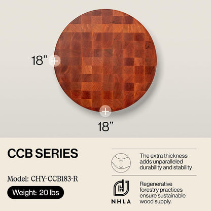 CCB Series Round Wooden Maple Cutting Board 18”x18” – 3” Thick, 22-lb Non-Reversible Butcher Block with End-Grain – Made in the USA