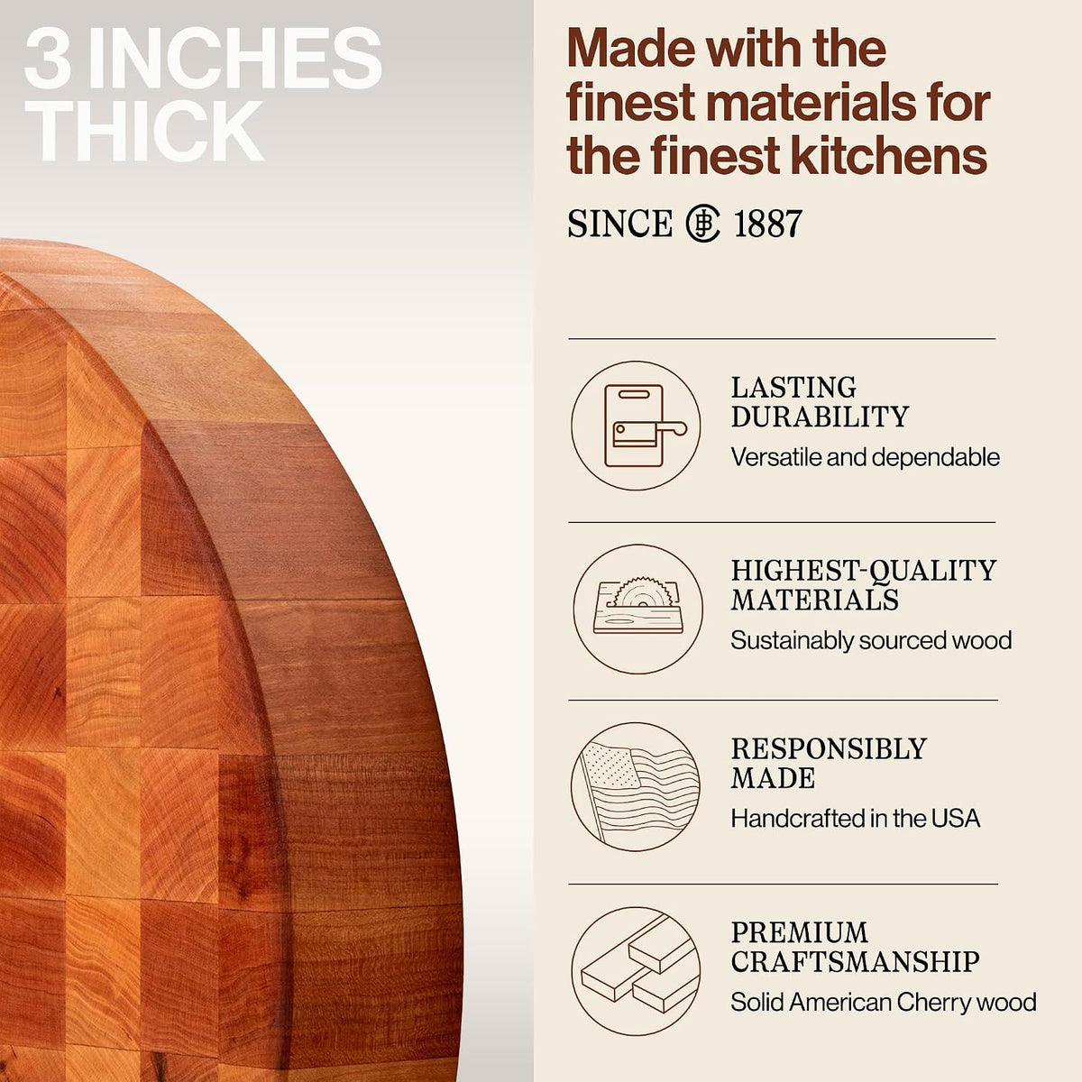 CCB Series Round Wooden Maple Cutting Board 18”x18” – 3” Thick, 22-lb Non-Reversible Butcher Block with End-Grain – Made in the USA
