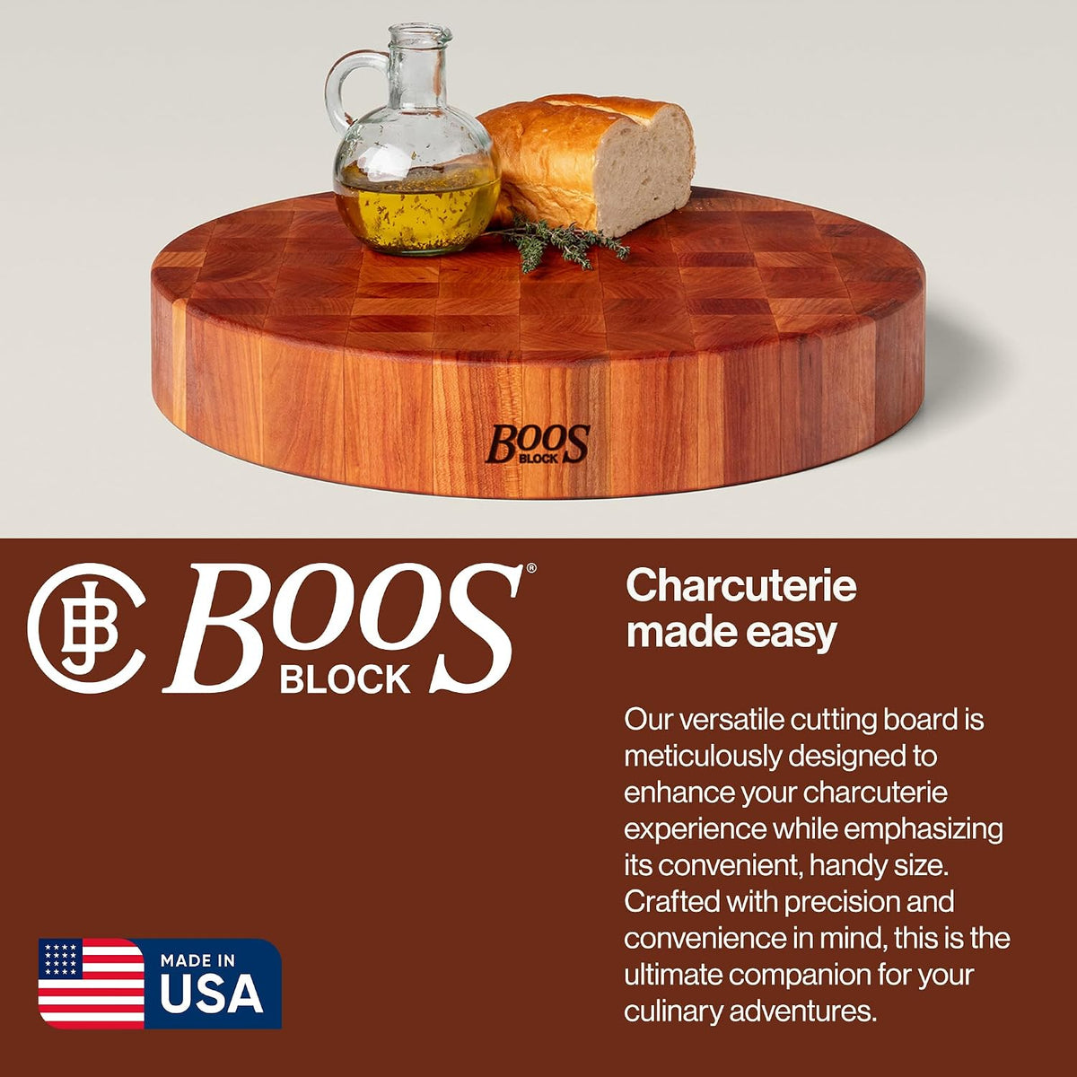 CCB Series Round Wooden Maple Cutting Board 18”x18” – 3” Thick, 22-lb Non-Reversible Butcher Block with End-Grain – Made in the USA
