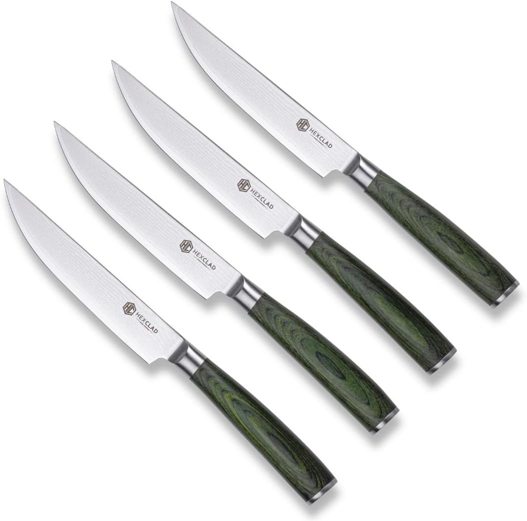Green 4 Piece Damascus Steel Steak Knife Set, Full Tang | Full Tang Construction, Pakkawood Handle