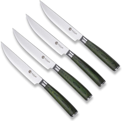Green 4 Piece Damascus Steel Steak Knife Set, Full Tang | Full Tang Construction, Pakkawood Handle