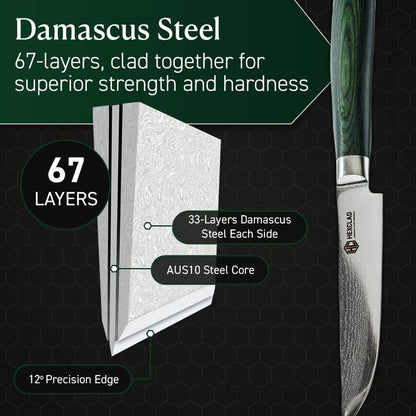 Green 4 Piece Damascus Steel Steak Knife Set, Full Tang | Full Tang Construction, Pakkawood Handle