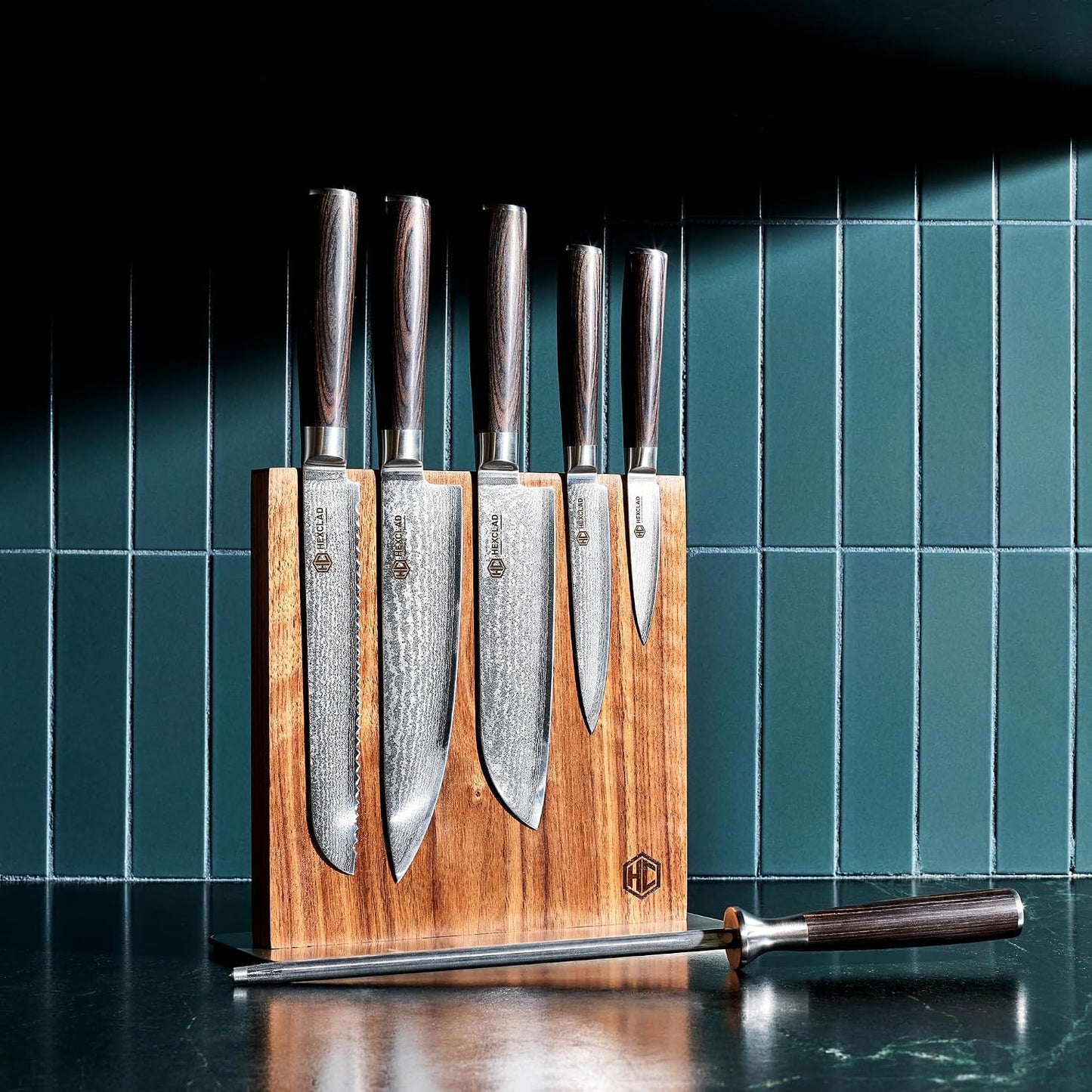 Green 4 Piece Damascus Steel Steak Knife Set, Full Tang | Full Tang Construction, Pakkawood Handle