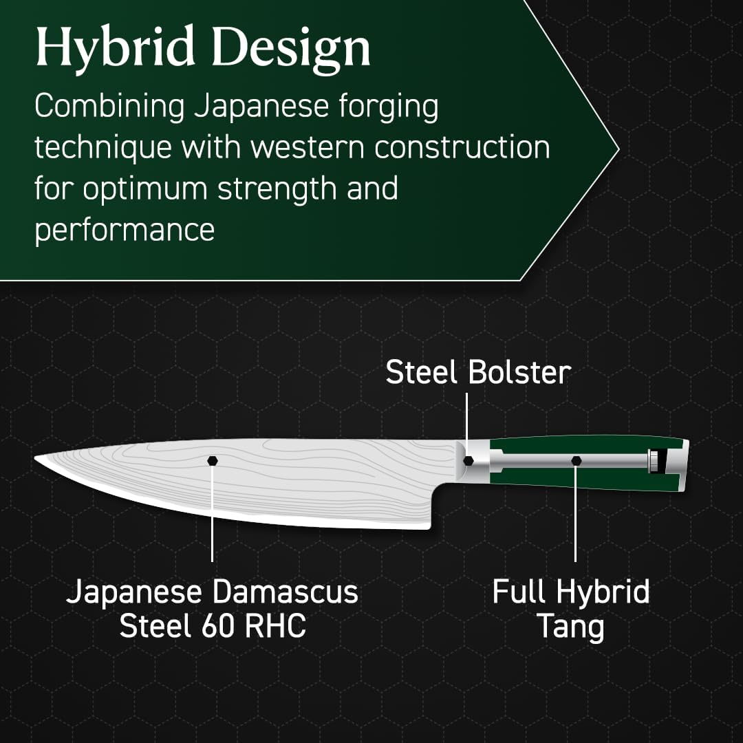 Green 4 Piece Damascus Steel Steak Knife Set, Full Tang | Full Tang Construction, Pakkawood Handle