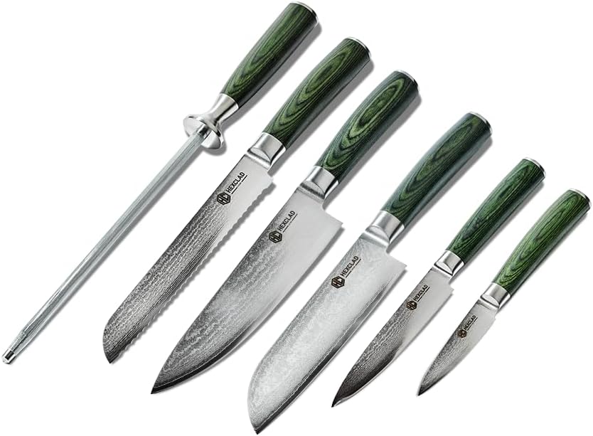 Green 4 Piece Damascus Steel Steak Knife Set, Full Tang | Full Tang Construction, Pakkawood Handle