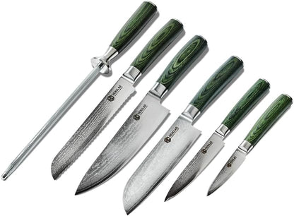 Green 4 Piece Damascus Steel Steak Knife Set, Full Tang | Full Tang Construction, Pakkawood Handle