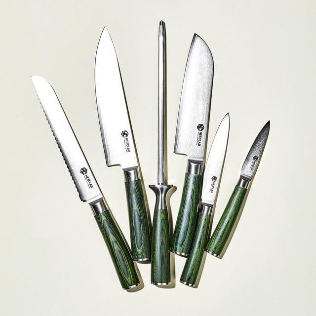 Green 4 Piece Damascus Steel Steak Knife Set, Full Tang | Full Tang Construction, Pakkawood Handle
