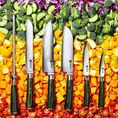 Green 4 Piece Damascus Steel Steak Knife Set, Full Tang | Full Tang Construction, Pakkawood Handle