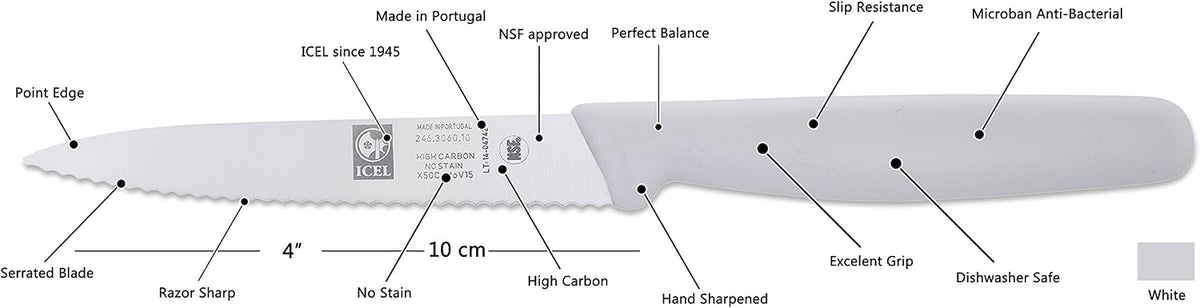 4 Inch Paring Knife, Serrated Edge, High Carbon German Stainless Steel razor Sharp Blade, White Handle