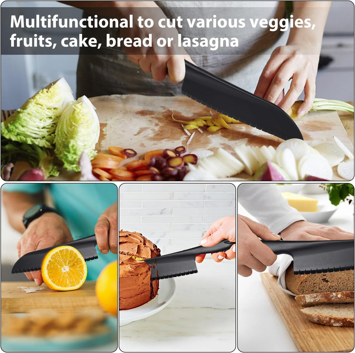 11" Nylon Knife for Nonstick Pans, Plastic Serrated Kitchen Cutter to Cut Cake Brownie Pie Lasagna or Various Veggies and Fruits, Non-Metal Salad or Lettuce Knife, Black