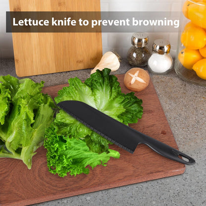 11" Nylon Knife for Nonstick Pans, Plastic Serrated Kitchen Cutter to Cut Cake Brownie Pie Lasagna or Various Veggies and Fruits, Non-Metal Salad or Lettuce Knife, Black
