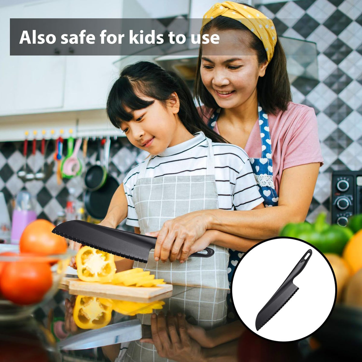 11" Nylon Knife for Nonstick Pans, Plastic Serrated Kitchen Cutter to Cut Cake Brownie Pie Lasagna or Various Veggies and Fruits, Non-Metal Salad or Lettuce Knife, Black
