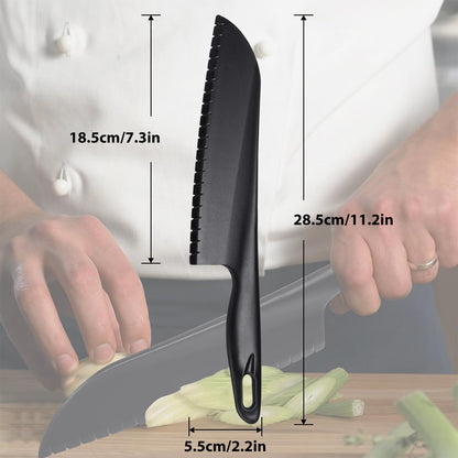 11" Nylon Knife for Nonstick Pans, Plastic Serrated Kitchen Cutter to Cut Cake Brownie Pie Lasagna or Various Veggies and Fruits, Non-Metal Salad or Lettuce Knife, Black