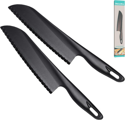 11" Nylon Knife for Nonstick Pans, Plastic Serrated Kitchen Cutter to Cut Cake Brownie Pie Lasagna or Various Veggies and Fruits, Non-Metal Salad or Lettuce Knife, Black
