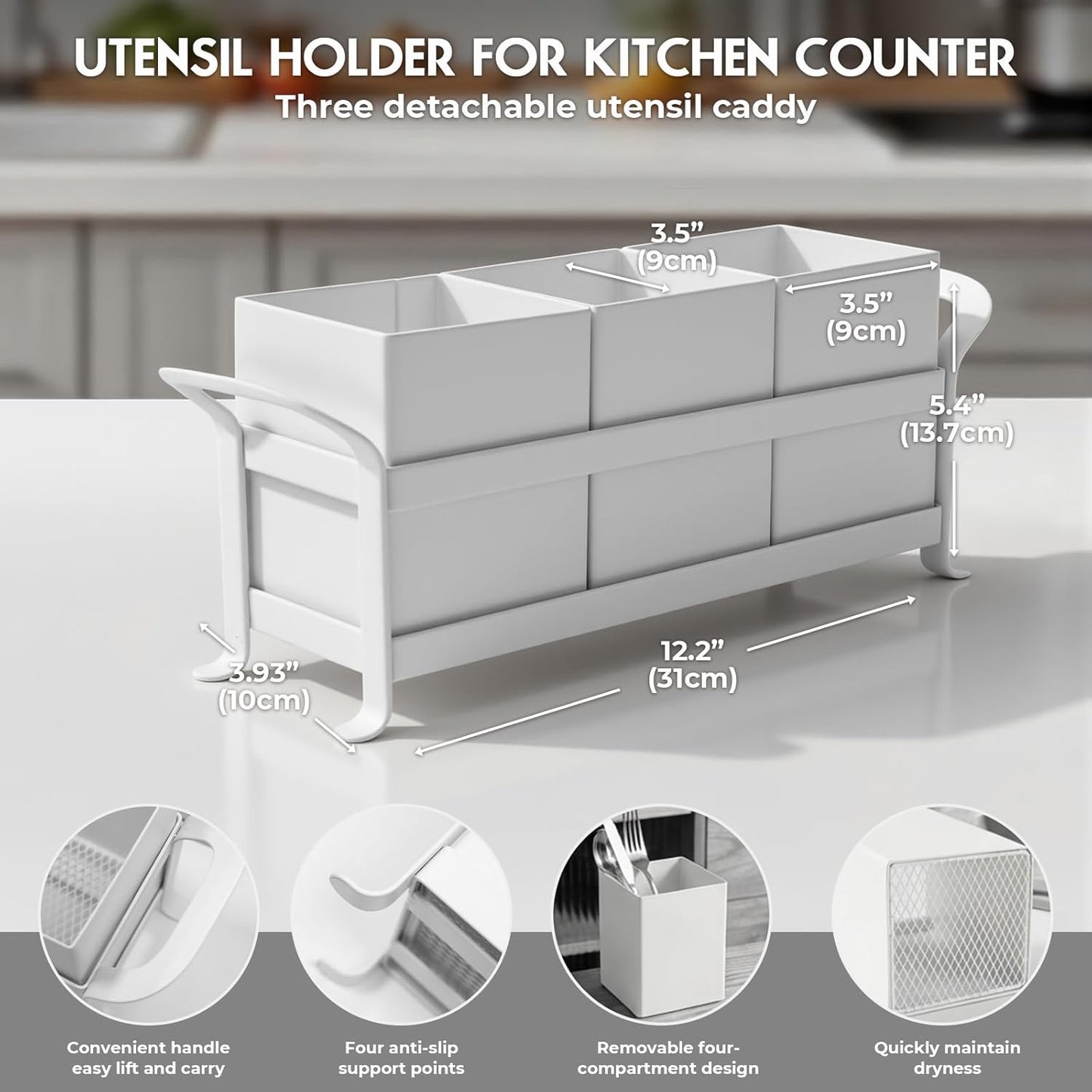 Utensil Holder Mesh Drainage Holes, 3pcs Bins Set Countertop Utensil Holder for Spoons, Forks and Knives, Cutlery Organizer Suitable for Party, Kitchen Counter, White