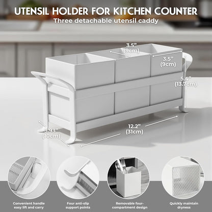 Utensil Holder Mesh Drainage Holes, 3pcs Bins Set Countertop Utensil Holder for Spoons, Forks and Knives, Cutlery Organizer Suitable for Party, Kitchen Counter, White