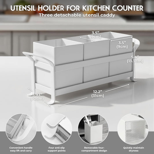 Utensil Holder Mesh Drainage Holes, 3pcs Bins Set Countertop Utensil Holder for Spoons, Forks and Knives, Cutlery Organizer Suitable for Party, Kitchen Counter, White