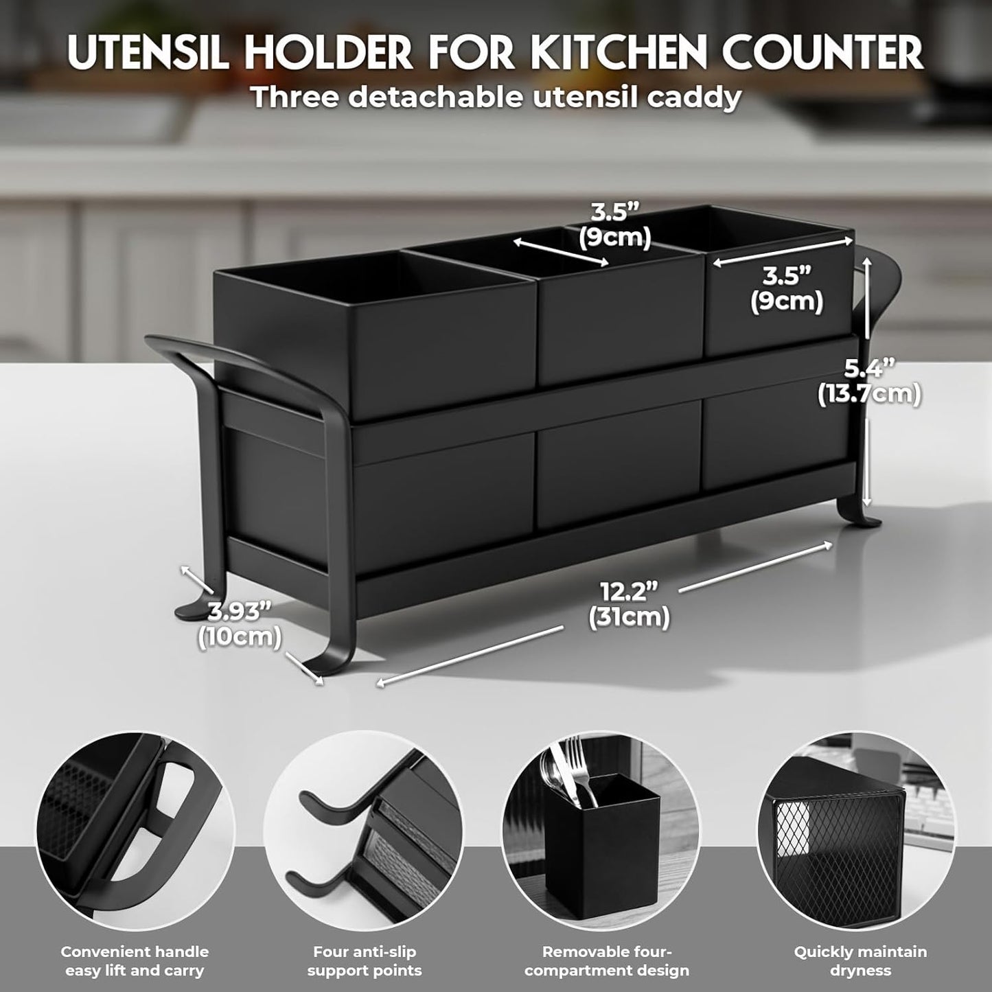 Utensil Holder Mesh Drainage Holes, 3pcs Bins Set Countertop Utensil Holder for Spoons, Forks and Knives, Cutlery Organizer Suitable for Party, Kitchen Counter, White