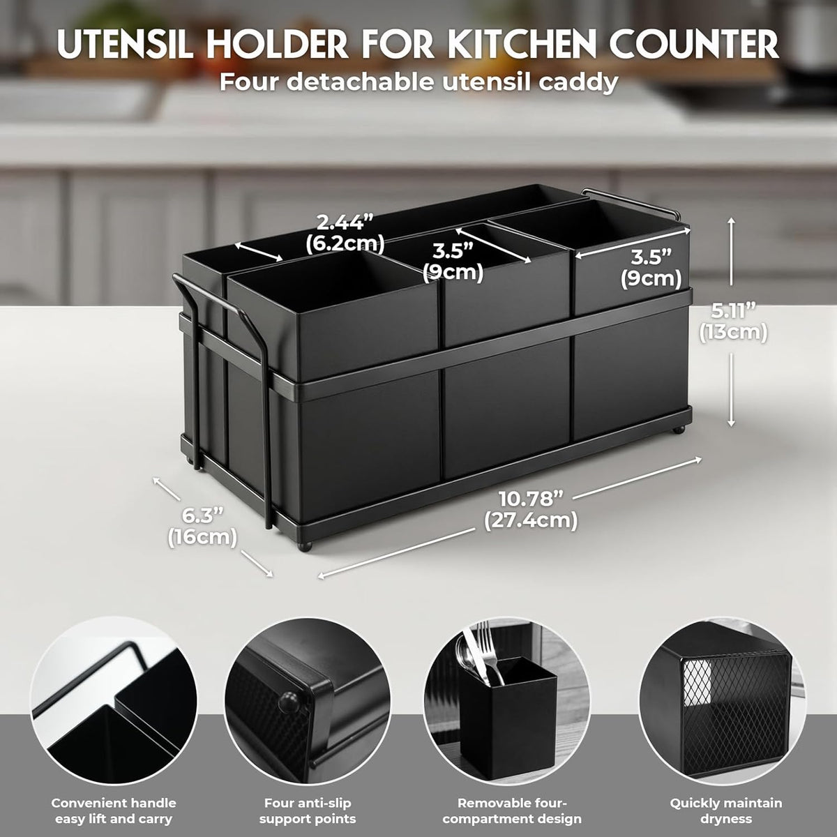 Utensil Holder Mesh Drainage Holes, 3pcs Bins Set Countertop Utensil Holder for Spoons, Forks and Knives, Cutlery Organizer Suitable for Party, Kitchen Counter, White