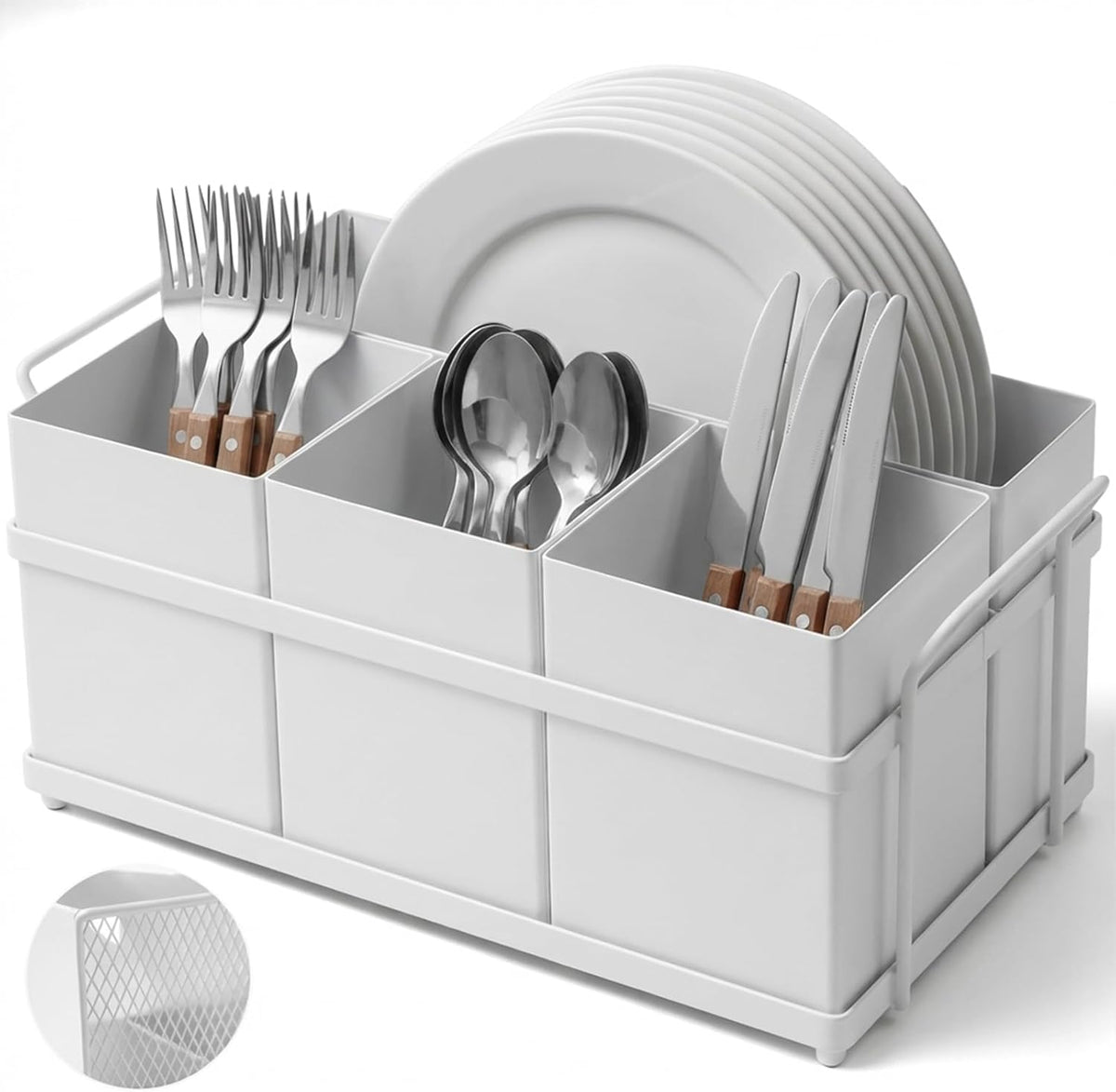 Utensil Holder Mesh Drainage Holes, 3pcs Bins Set Countertop Utensil Holder for Spoons, Forks and Knives, Cutlery Organizer Suitable for Party, Kitchen Counter, White
