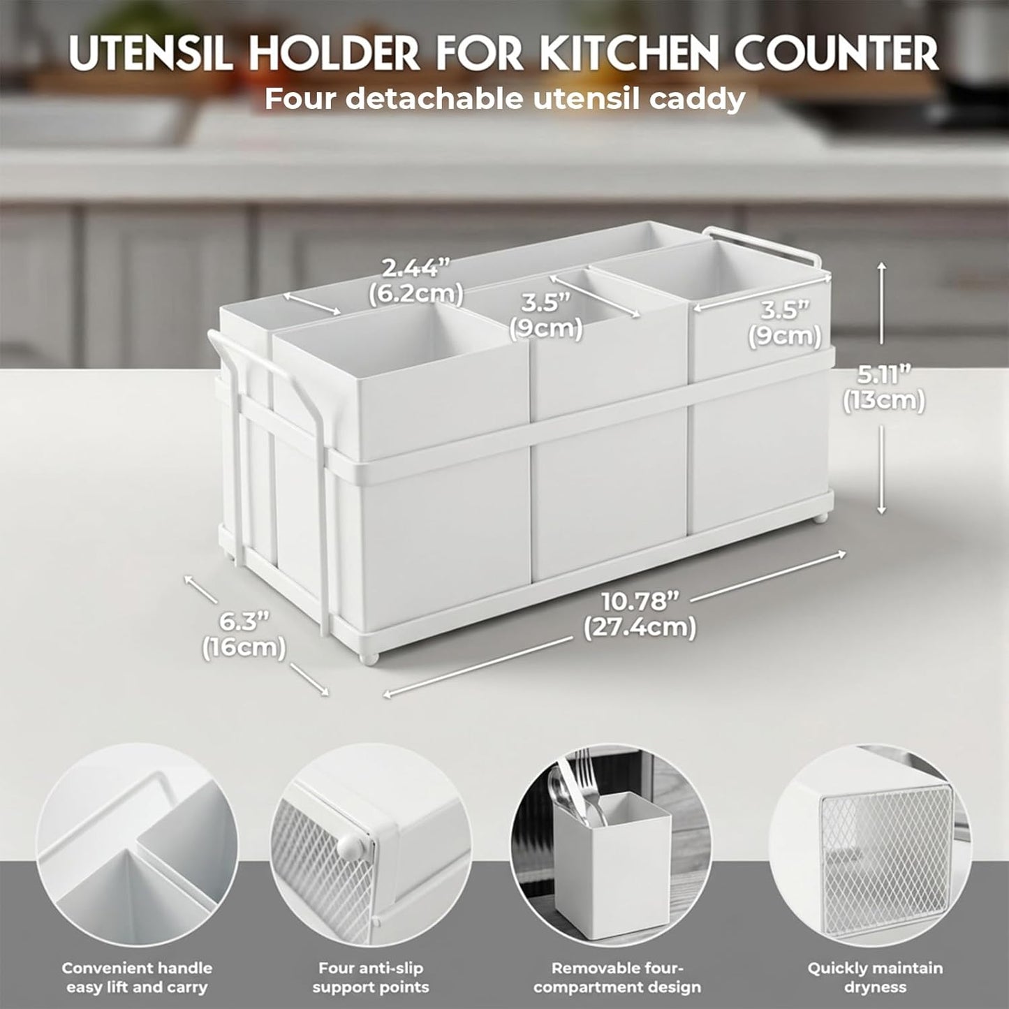 Utensil Holder Mesh Drainage Holes, 3pcs Bins Set Countertop Utensil Holder for Spoons, Forks and Knives, Cutlery Organizer Suitable for Party, Kitchen Counter, White