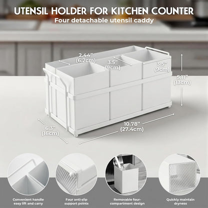 Utensil Holder Mesh Drainage Holes, 3pcs Bins Set Countertop Utensil Holder for Spoons, Forks and Knives, Cutlery Organizer Suitable for Party, Kitchen Counter, White